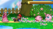 Mario, Peach, Kirby and Jigglypuff among the flowers.