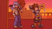 Riku poses after finishing attack while Sora taunts, on Twilight Town.