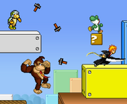 Hammer Bro throwing hammers at Donkey Kong, Yoshi, and Ichigo.