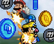 Wario hitting Mario and Mega Man with his neutral attack to collect coins.