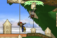 Captain Falcon stage spiking Link off a ceiling.