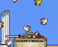 Link lies down after being hit by a Cucco.