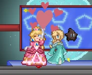 Peach3.png (15 KB) Peach uses her up tilt next to Rosalina and Polari on Comet Observatory.