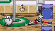 Chibi-Robo uses Toothbrush while Kirby is standing on Desk.