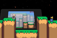 Bomberman and Black Mage standing idling on the Mutant Mudds hazard of the stage.