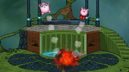 The blast from Electrode hits Kirby and Jigglypuff.