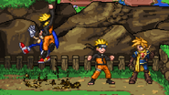 Naruto summoning a Shadow Clone to attack Sonic behind him while Isaac stands on Hylian Skies.