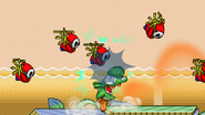 Yoshi attacking a Propeller Shy Guy.