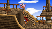 Luffy using Gum-Gum Snap to grab Jigglypuff, on Gangplank Galleon.