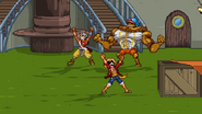 Luffy taunting with Usopp and Chopper in the background.