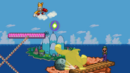 Donkey Kong charging Giant Punch near a taunting Luigi, while Tails uses Energy Ball midair on Yoshi's Island.