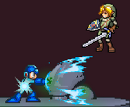 Link being hit by Mega Man's forward throw.