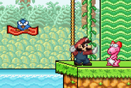 Pidgit, Mario and Birdo in the early design of Mushroom Kingdom II.