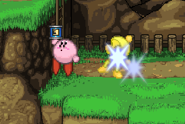 Bomberman about to attack the vulnerable Kirby.