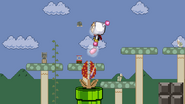 Bomberman being hit by a Piranha Plant.