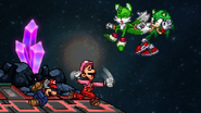 Luigi taunting on a platform, while Mario is falling from a platform in a Team battle. Notice the new HUD.
