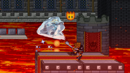 Sora using Blizzard as his back throw on Zero Suit Samus, on Bowser's Castle.