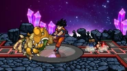 Goku using his forward throw against Bowser while Mario taunts on Final Destination.