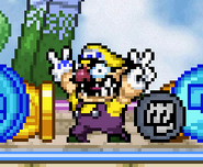 Wario taunting near multiple coins, on Battlefield.