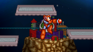 Mega Man about to fire a Crash Bomb in midair.