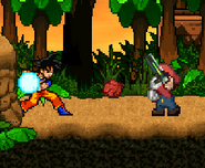 Goku about to uses Kamehameha at Mario with a Ray Gun.