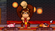 Donkey Kong about attack Kirby and Bandana Dee with his down smash while they are buried on Bowser's Castle.