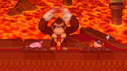 Donkey Kong about attack Kirby and Bandana Dee with his down smash while they are buried on Bowser's Castle.