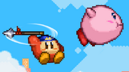 Kirby midair jumping while Bandana Dee uses Waddle Copter in the air.