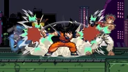 Goku using his down smash against Lucario and Ryu on Central Highway.