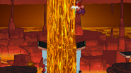 Wario getting hit by the stream of lava while Mega Man enters the glass from the left side.