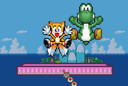 Tails and Yoshi taunting on Yoshi's Island.