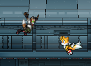 Fox free-falling while Tails dashes at his direction on Shadow Moses Island.