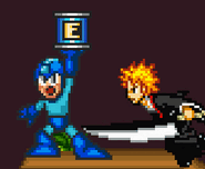 Mega Man's damage being replenished by the Energy Tank with Ichigo approaching.