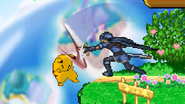 Marth hitting Pikachu with his forward smash.