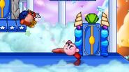 Kirby hitting Bandana Dee with his forward smash on the stage.