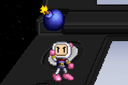 Bomberman throwing a bomb into the air.