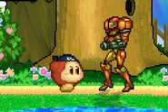 Bandana Dee walking towards Samus on Dream Land.