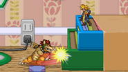 Bowser hitting the drawers, knocking Isaac down.