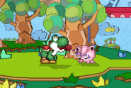 Yoshi about to grab Jigglypuff after it used Rest.