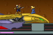 Captain Falcon and Black Mage standing on the front of Sand Ocean.