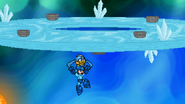 Mega Man using Beat Call to reach the ring-shaped platform of Freezeflame Galaxy.