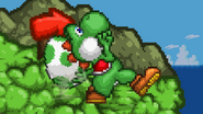Yoshi preparing to throw an egg on Yoshi's Island.