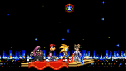 Lloyd, Sonic, Rayman, and Wario standing on the stage.