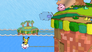 Pichu on Lakitu's cloud while Jigglypuff stands near the ledge.