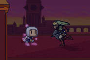 Bomberman using Jetpack with Link approaching him on Twilight Town's night version.