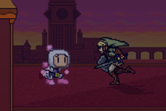 Bomberman using Jetpack when Link is about to attack him on Twilight Town's night version.