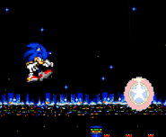 Sonic being bounced back by the stage's upper left bumper.