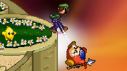 Luigi using his taunting attack at Bandana Dee on the ledge on Galaxy Tours.