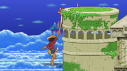 Luffy using Gum-Gum Snap to tether onto the ledge, on Sky Sanctuary Zone.