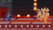 Mega Man shooting the uncharged Mega Buster at Bowser on Bowser's Castle.